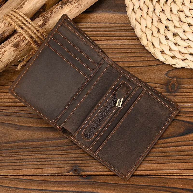 Crazy Horse Leather Short Wallet for Men Vintage Coin Card Holder - VacationGrabs
