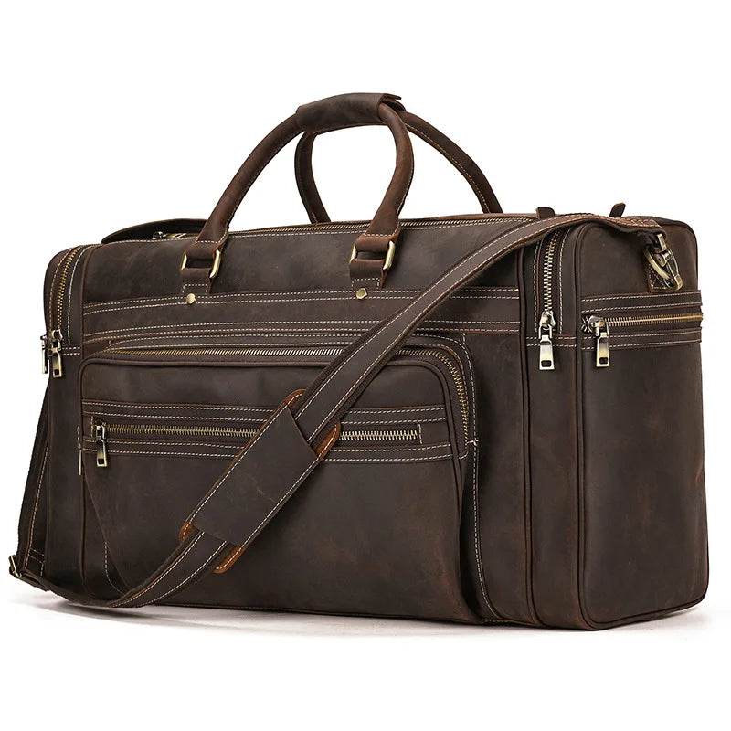 60cm High Capacity Genuine Leather Travel Duffle for Men Weekend Bag - VacationGrabs