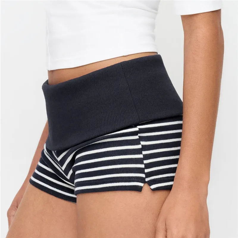 VacationGrabs Women Fold Over High Waist Striped Ribbed Knit Booty Shorts Y2K Slim Bodycon Mini Hot Pants Casual Loungewear Bottoms