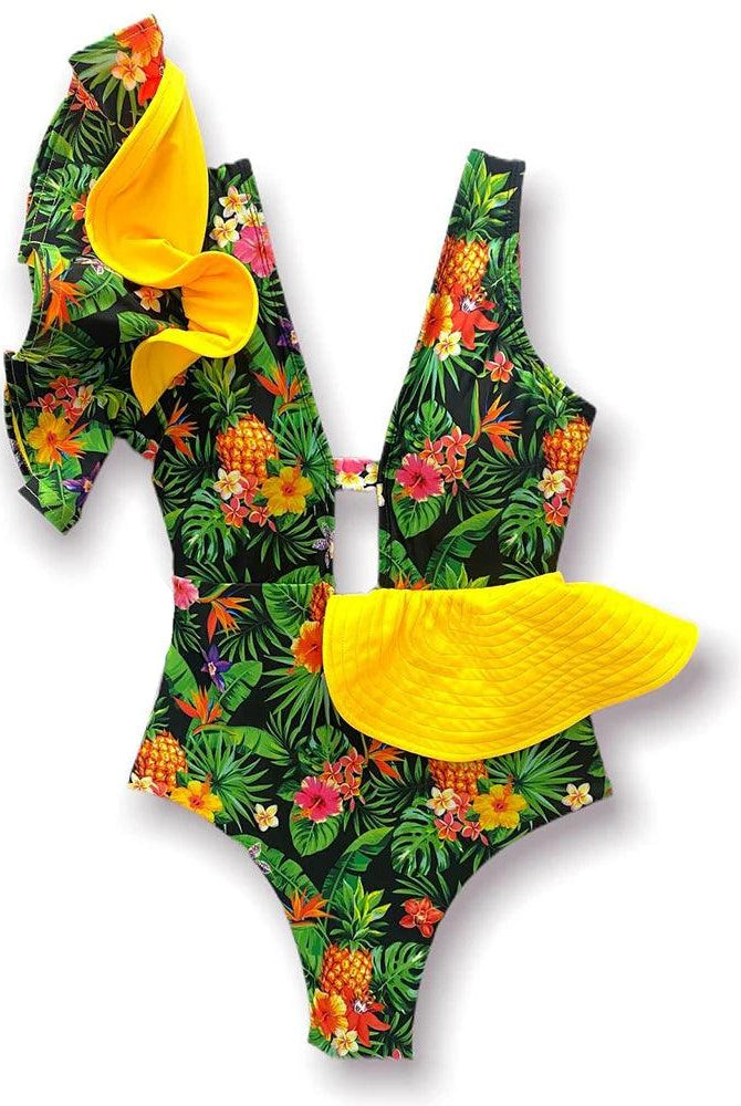 Women's Swimwear - 1PC Sexy Ruffle Sleeve Deep-V Bathing Suit