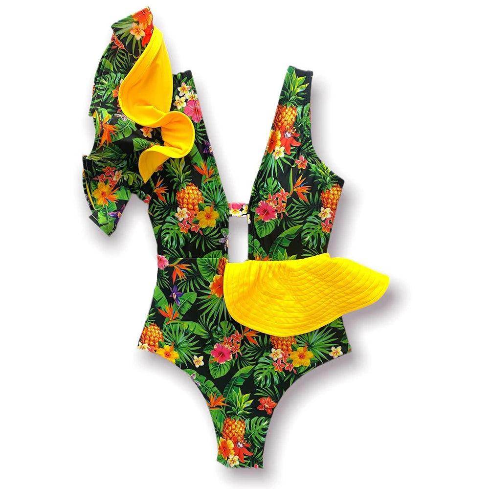 Women's Ruffle Sleeve Deep-V Bathing Suit - VacationGrabs