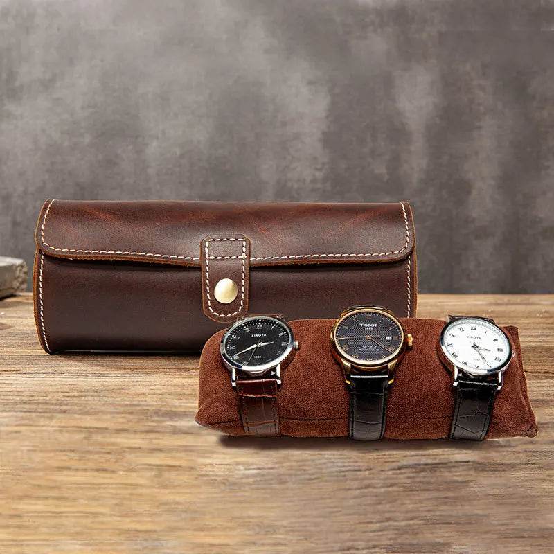 Leather Watch Case with Three Round Buckles for Convenient Travel Storage - VacationGrabs