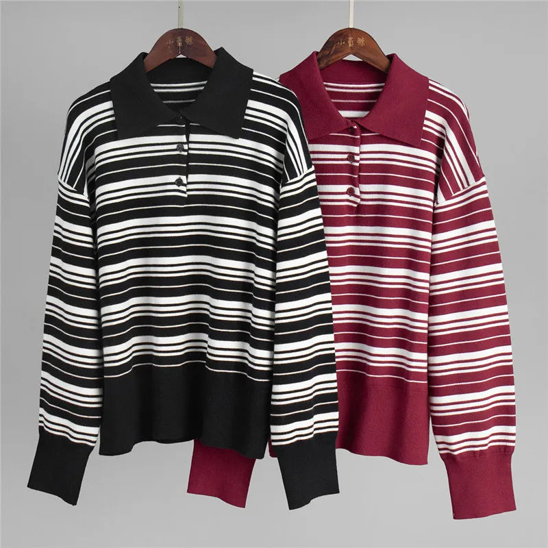 VacationGrabs Striped Sweater Women Long Sleeve Button Front Pullover Casual Crew Neck Tops Pullover Sweatshirt Fall Winter Outwear