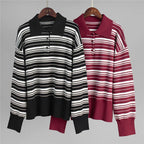 VacationGrabs Striped Sweater Women Long Sleeve Button Front Pullover Casual Crew Neck Tops Pullover Sweatshirt Fall Winter Outwear