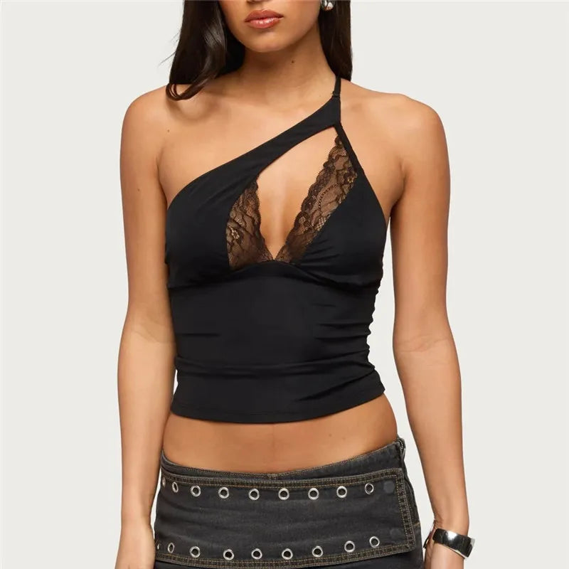 VacationGrabs Women's Asymmetrical Halter Top Lace V-Neck Cutout Sleeveless Slim Fit Y2K Cropped Camisole for Party Night Out