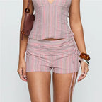 VacationGrabs Summer Vacation Low Waist Shorts Women Fold Over Waistband Side Tie Ruched Striped Solid Casual Beach Mini Short Pants