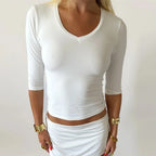 VacationGrabs Y2K Women Solid V Neck 3/4 Sleeve Cropped Top Stretchy Slim Fitted Basic T Shirt Casual Daily Short Blouse Spring Autumn