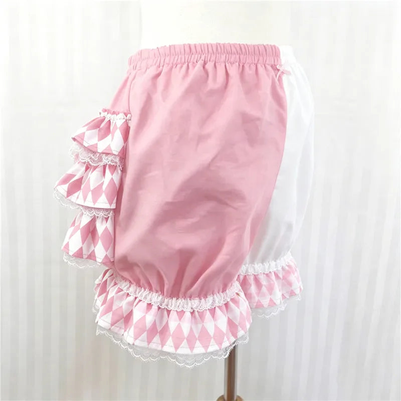 VacationGrabs Lolita Women Bloomers Shorts Color Block Patchwork Ruffle Lace Elastic Waist Pumpkin Pantalettes Sweet Cosplay Bottoms