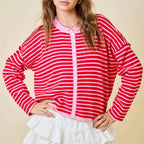 VacationGrabs Casual Color Block Striped Knit Sweater Open Front Cardigan Round Neck Loose Oversized Long Sleeve Cropped Knitwear