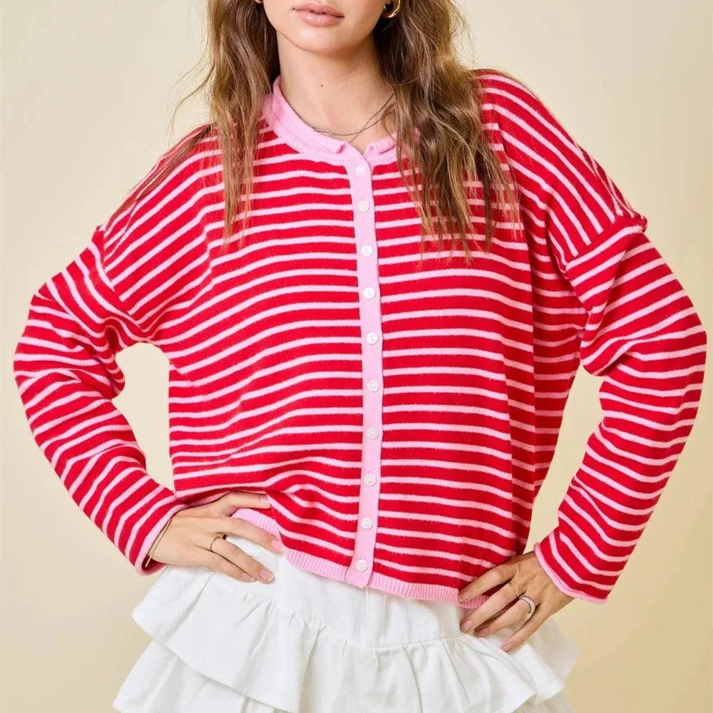 VacationGrabs Casual Color Block Striped Knit Sweater Open Front Cardigan Round Neck Loose Oversized Long Sleeve Cropped Knitwear