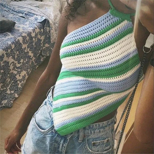 hriigin Cute Women Striped Crochet Halter Neck Top Knit Sleeveless Triangle Hem Crop Top Backless Summer Top Casual Daily Wear