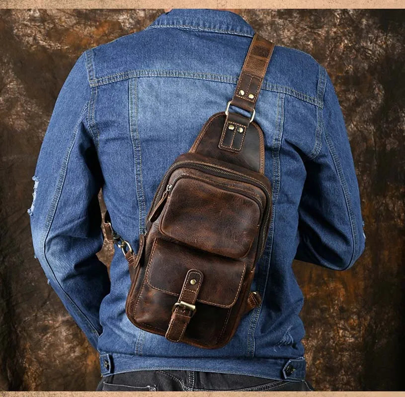 Men's Genuine Leather Chest Bag Leather Big Capacity Crossbody Bag Casual Male Riding Messenger iPad Cell Phone Sling Bag