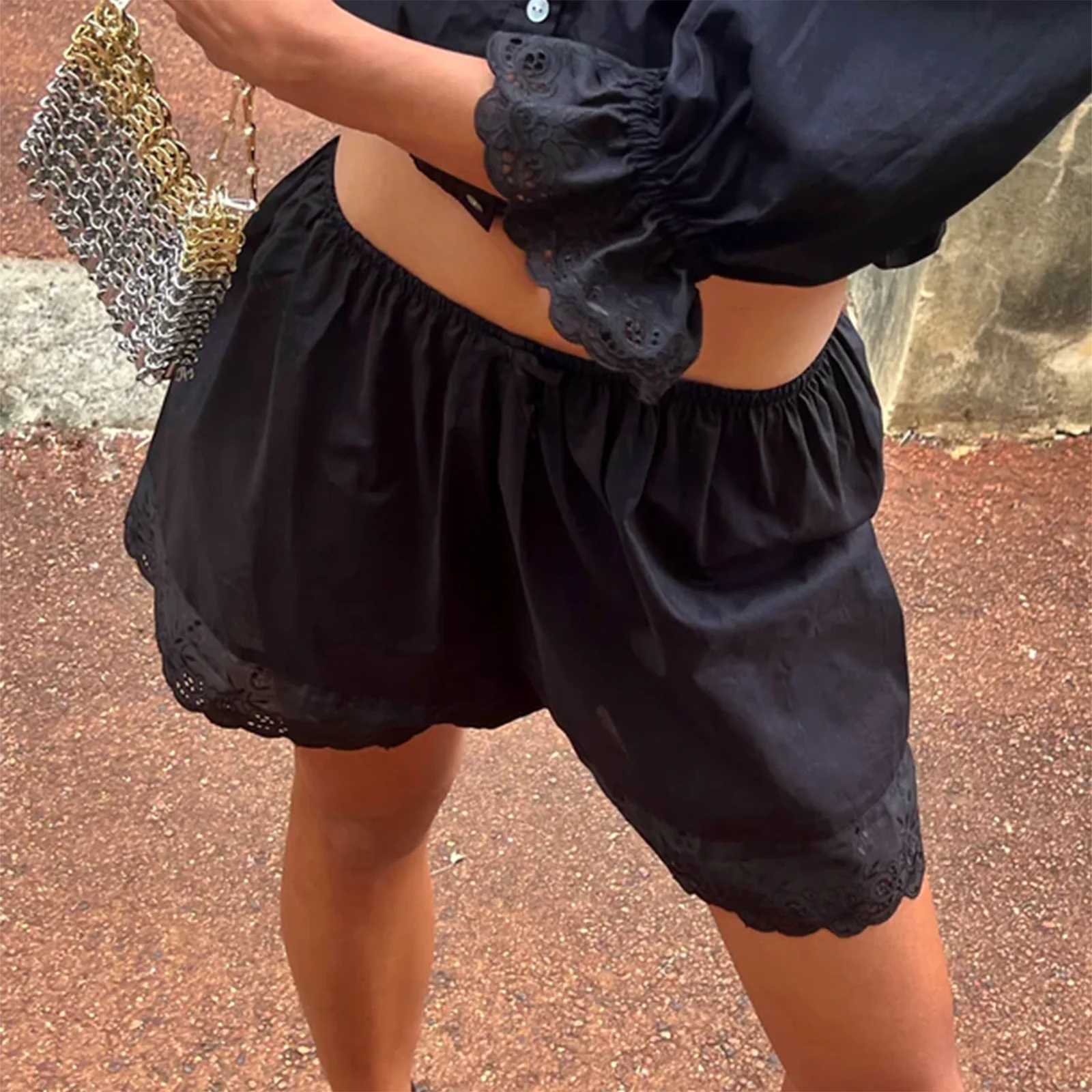 VacationGrabs Women Y2k Lace Trim Lounge Shorts Floral Embroidery Elastic Low Rise Wide Leg Pjs Bottoms Teens Ruffle Cute Mini Shorts