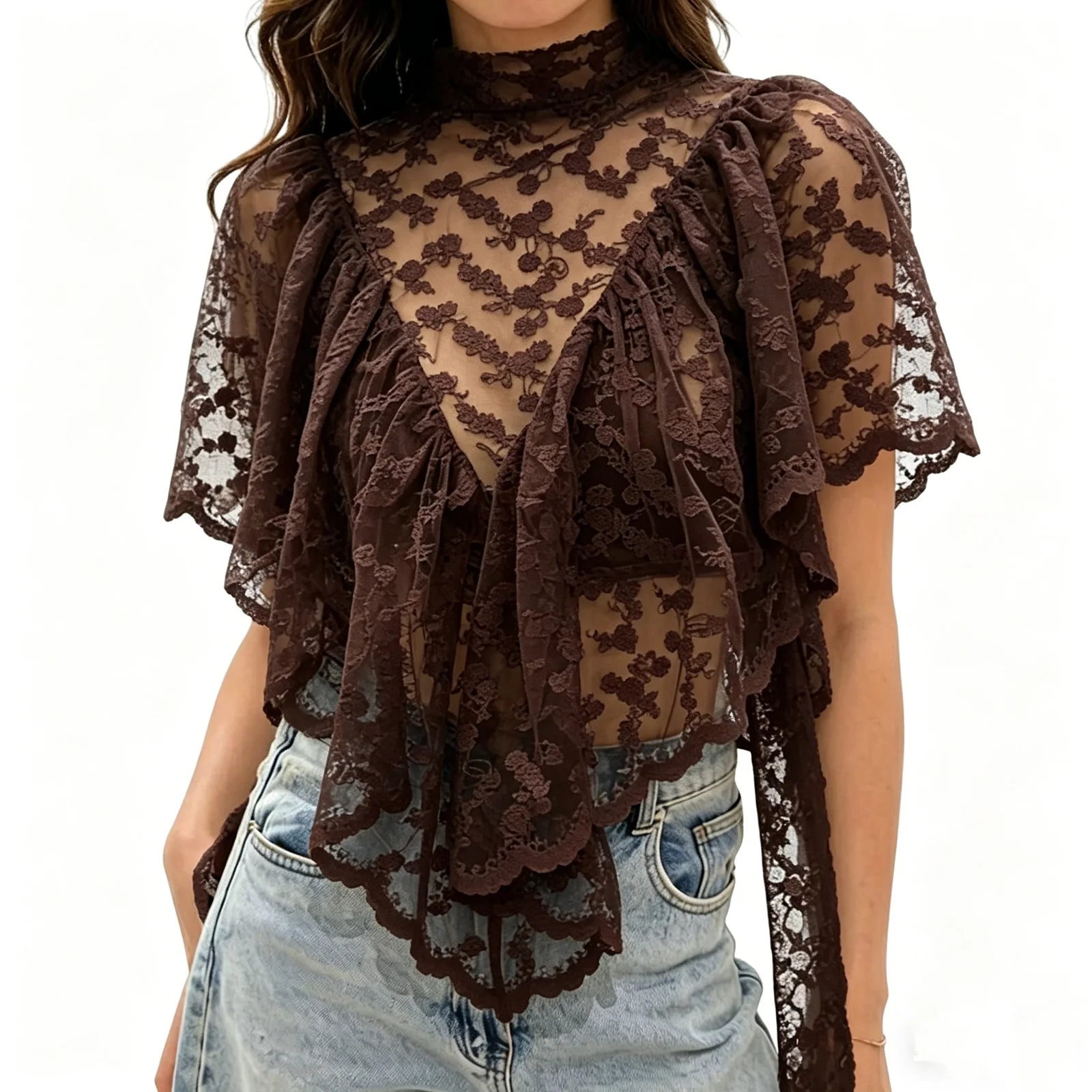 VacationGrabs Y2K Fairy Mesh See Through Casual High Neck Looseshawls Women Floral Lace Embroidery Shawl Tops Asymmetrical Streetwear