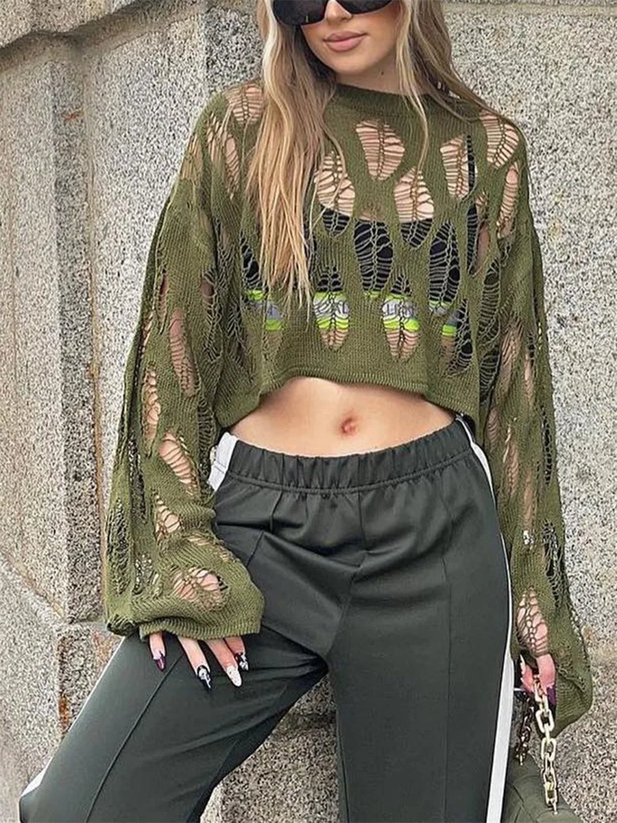 VacationGrabs Women Knit Hollow Out Sweater Long Sleeve Crew Neck Ribbed Solid Pullover Crop Top Winter Fall Y2K Vintage Streetwear