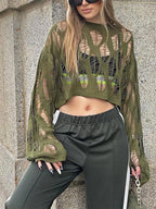 VacationGrabs Women Knit Hollow Out Sweater Long Sleeve Crew Neck Ribbed Solid Pullover Crop Top Winter Fall Y2K Vintage Streetwear