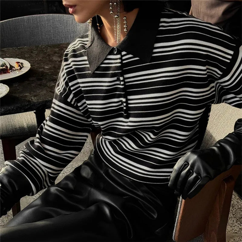 VacationGrabs Striped Sweater Women Long Sleeve Button Front Pullover Casual Crew Neck Tops Pullover Sweatshirt Fall Winter Outwear