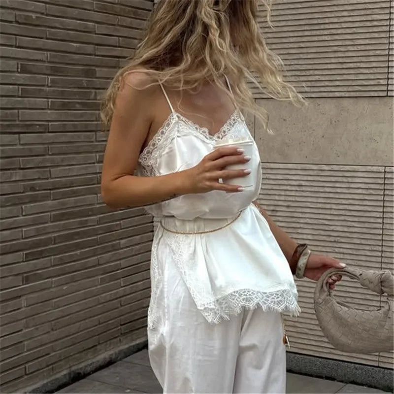 VacationGrabs Lace Trim Satin Cami Tank Tops for Women Spaghetti Strap Sexy V Neck Silk Camisole Going Out Party Club Shirts
