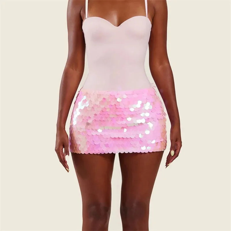 VacationGrabs Sexy Women Sequin Mini Bodycon Skirt Chic Ladies Low Waist Sparkly Short Skirt Trendy Summer Party Club Streetwear