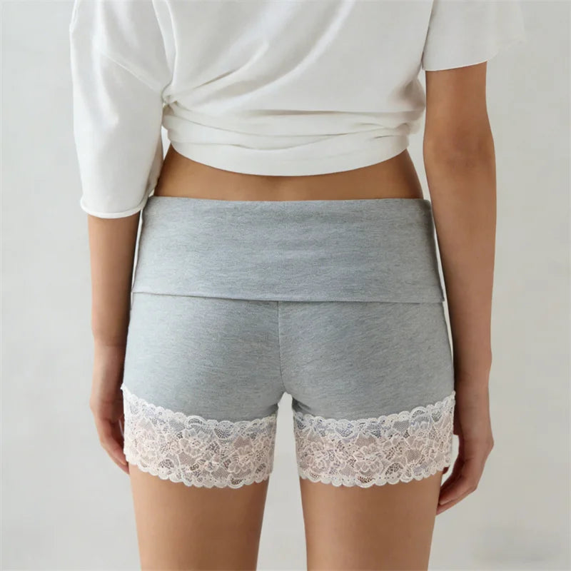 VacationGrabs Chic Y2K Style Fold Over Waist Lace Trim Biker Shorts for Women Solid Color Soft Safety Shorts Casual Daily Loungewear