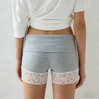 VacationGrabs Chic Y2K Style Fold Over Waist Lace Trim Biker Shorts for Women Solid Color Soft Safety Shorts Casual Daily Loungewear