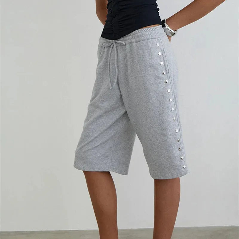 VacationGrabs Women's Knee Length Sweat Shorts with Side Snap Buttons Drawstring Waist Casual Loose Fit Summer Y2K Streetwear