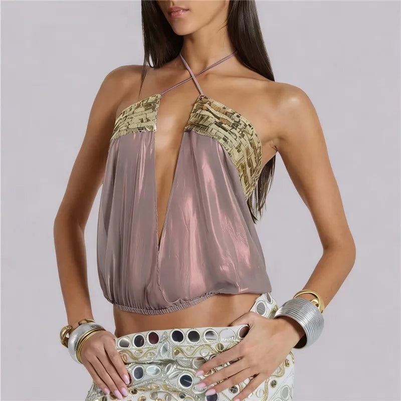 VacationGrabs Summer Sheer Backless Tie Up Halter Camis Sequin Patchwork Split Front Crop Top Sexy Women Beach Sleeveless Shirt Vest