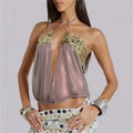 VacationGrabs Summer Sheer Backless Tie Up Halter Camis Sequin Patchwork Split Front Crop Top Sexy Women Beach Sleeveless Shirt Vest