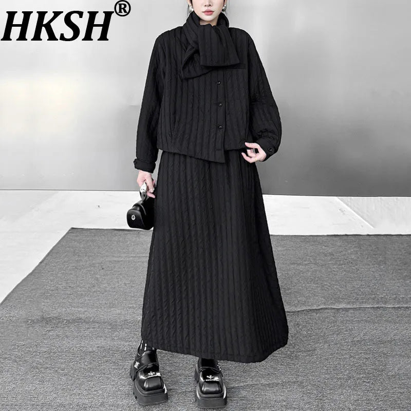 Women's Asymmetric Padded Coat & Skirt Set with Scarf