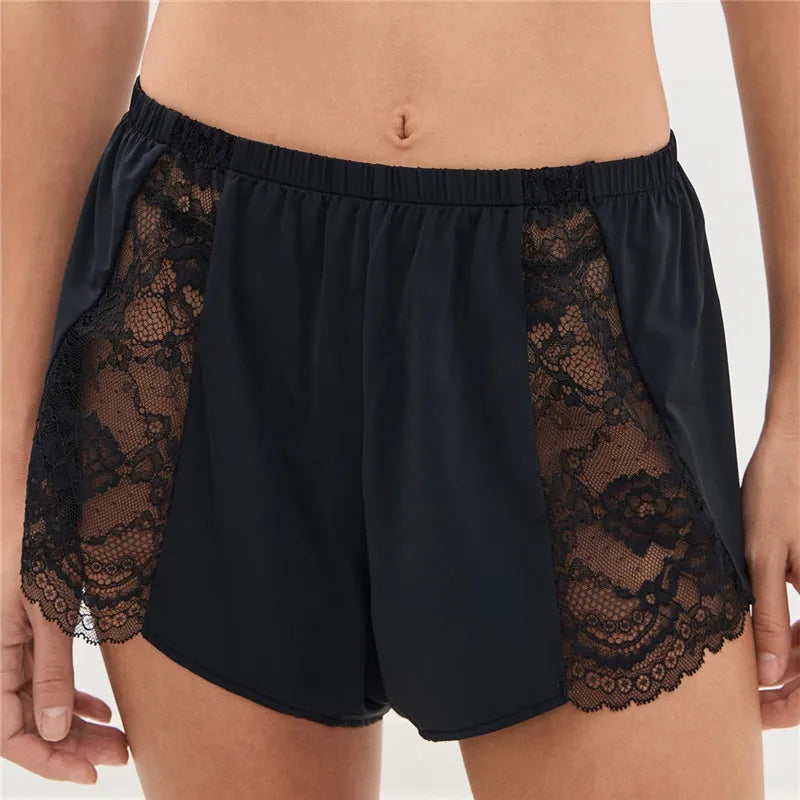 VacationGrabs Women Sexy Lace Trim Sleep Shorts Elastic Waist Satin Pajama Shorts with Floral Lace Panel for Daily Casual Loungewear