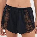 VacationGrabs Women Sexy Lace Trim Sleep Shorts Elastic Waist Satin Pajama Shorts with Floral Lace Panel for Daily Casual Loungewear