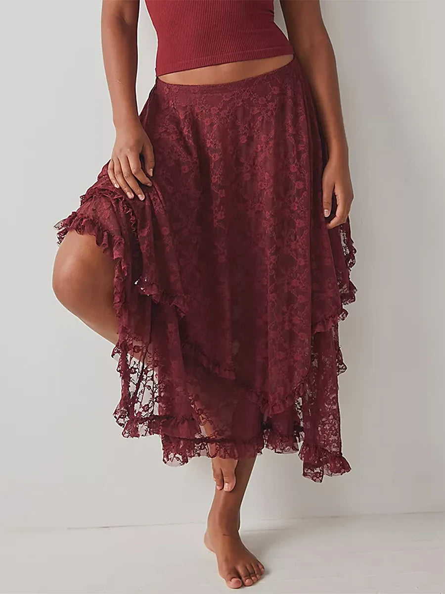 VacationGrabs Floral Lace Long Skirt for Women Y2K Elastic Waist Asymmetrical Layered Maxi Skirt Sexy See Through Flowy Beach Skirt