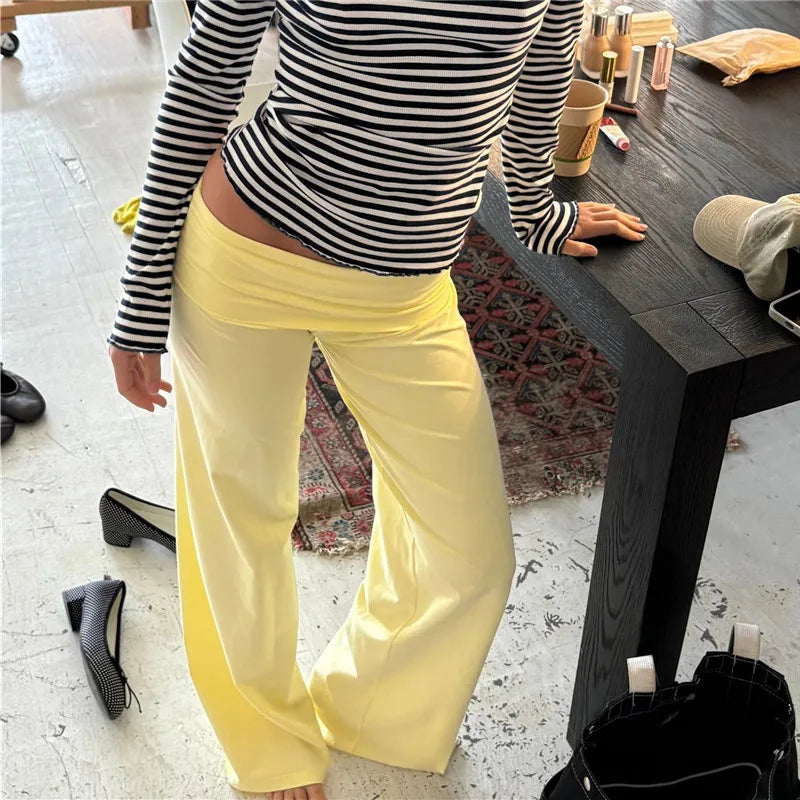 VacationGrabs Women Wide Leg Pants Solid Fold Over Waist Casual Trousers Spring Fall Straight Leg Sweatpants Bottoms Y2K Streetwear