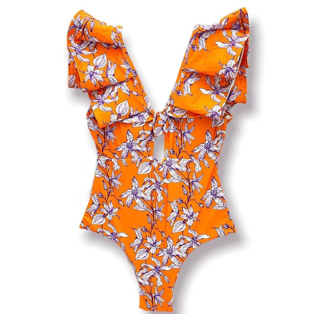 Women's Swimwear - 1PC Sexy Ruffle Sleeve Deep-V Bathing Suit