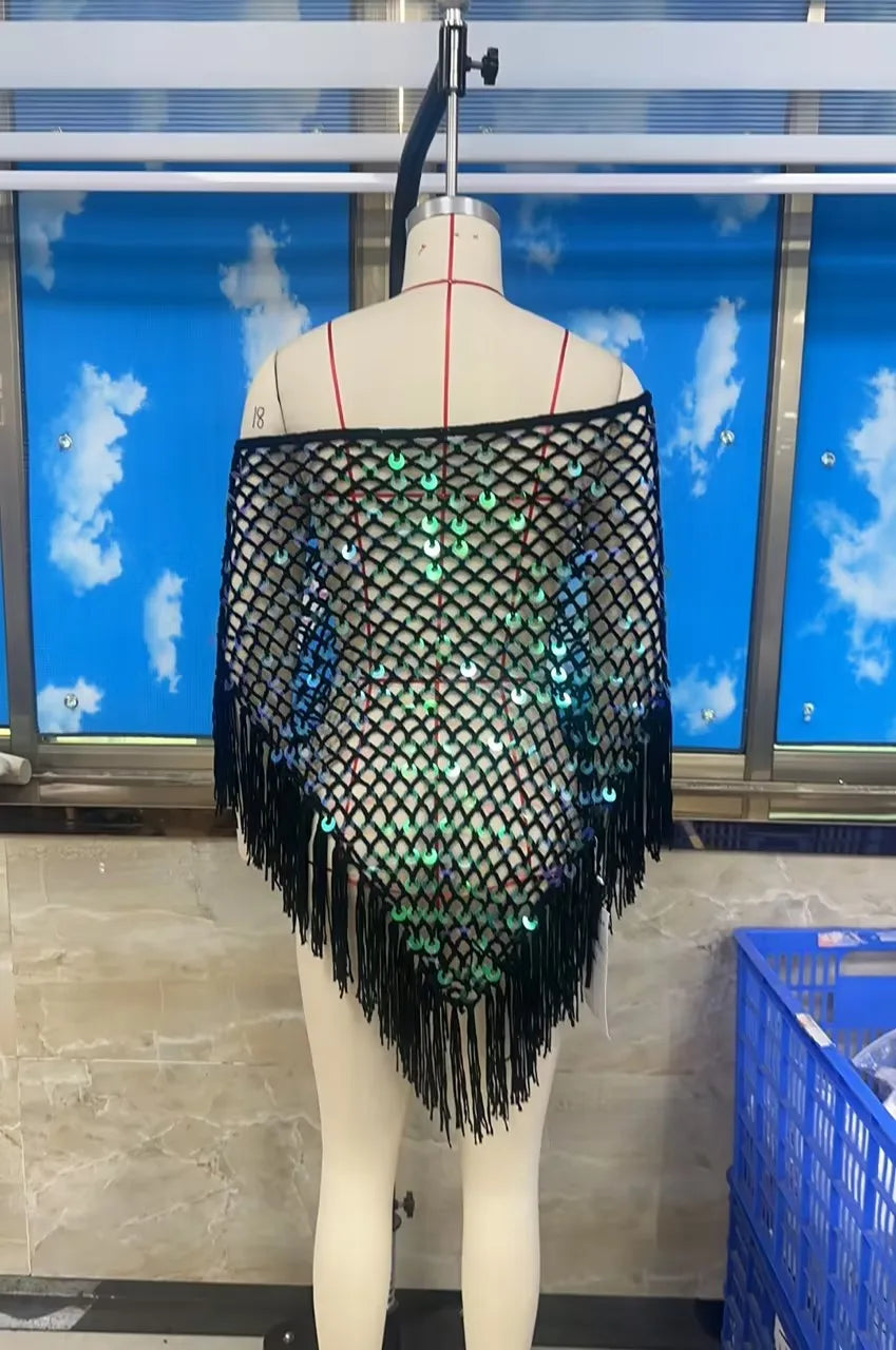 VacationGrabs Women's Tassel Knit Ponchos Fashion Sequin Off One Shoulder Loose Fit Crochet Shrug Shawl for Casual Beach Wear