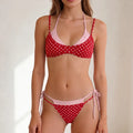 VacationGrabs Women's Double Layered Bikini Set Dot Print Halter Bra with Side Tie-up Low Waist Shorts 2 Pcs Swimsuit Beachwear