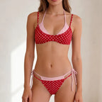 VacationGrabs Women's Double Layered Bikini Set Dot Print Halter Bra with Side Tie-up Low Waist Shorts 2 Pcs Swimsuit Beachwear