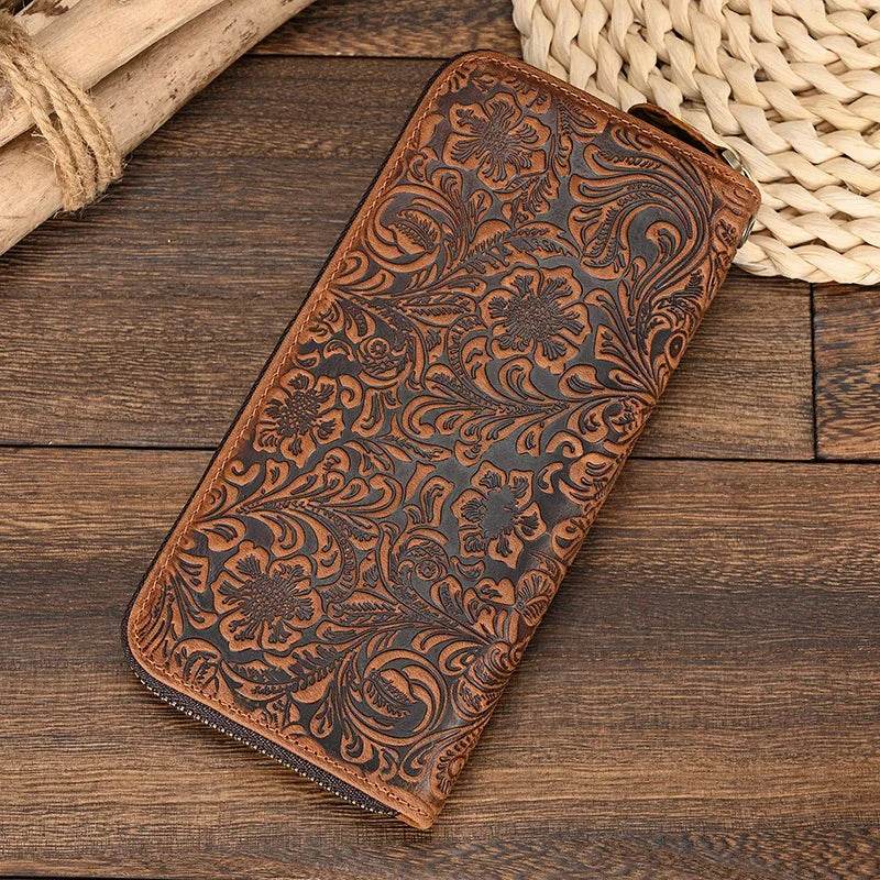 Men's Zip Long Wallet Natural Cowhide for Cards, Cash & Phone - VacationGrabs