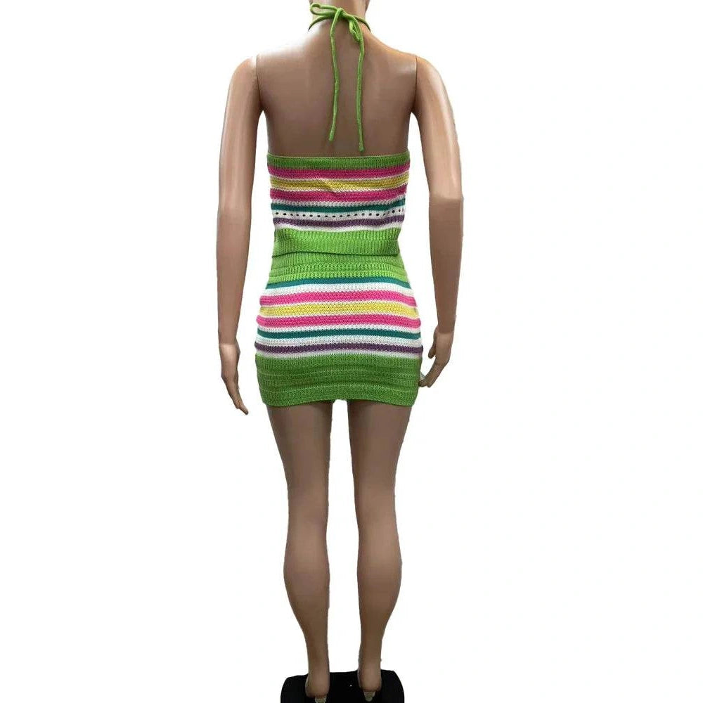 Two Piece Womens Halter Crop Top + Matching Skirt Set - VacationGrabs
