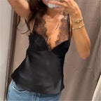 Lace Trim Satin Cami Tops for Women Summer Spaghetti Strap Sexy V Neck Silk Camisole Going Out Party Shirts Sexy Lady Streetwear