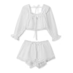 2Pcs Pajamas Sets for Women Puff Long Sleeve Square Neck Lace Patchwork Tops with Elastic Waist Shorts Loungewear