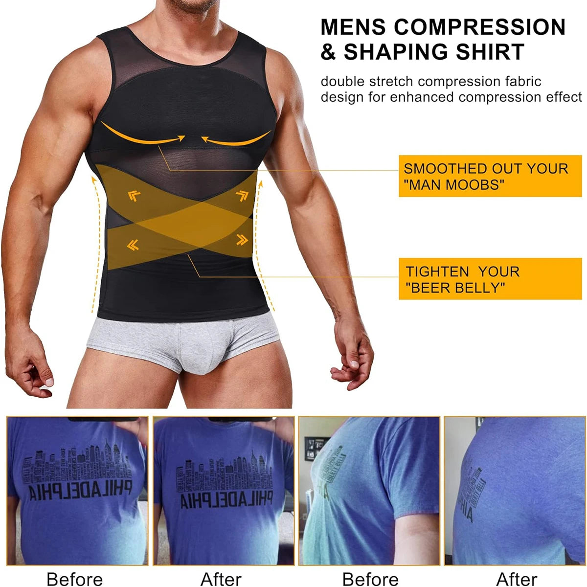 Mens Compression Shirts Body Shaper Slimming Undershirt Tank Tops  Sleeveless Workout Tummy Control Shapewear Vest