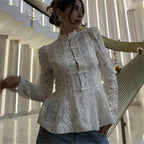 VacationGrabs Vintage Sheer Floral Lace Shirt Women Stand Collar Chinese Knot Buttons Puff Sleeve Peplum Slim Fit Casual Street Blouse