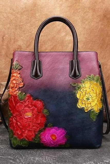  Handmade Floral Embossed Leather Handbag Tote Bag Luxury Shoulder Bags