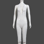 VacationGrabs Chic Women Sheer See Through Capri Bodysuit Lingerie Halter V Neck Sleeveless Open Back Slim Fit Lace Jumpsuit Romper