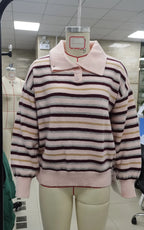 VacationGrabs Women Y2K Striped Sweater Long Sleeve Color Block Lapel V Neck Knit Jumper Tops Winter Warm Oversized Sweater