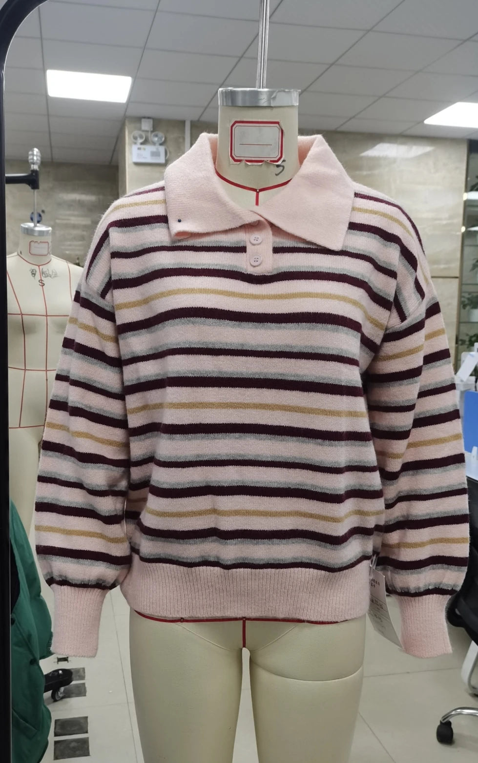 VacationGrabs Women Y2K Striped Sweater Long Sleeve Color Block Lapel V Neck Knit Jumper Tops Winter Warm Oversized Sweater