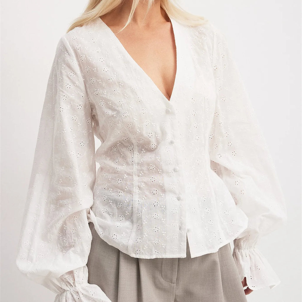 VacationGrabs Women's Fall Button Up Blouse Casual Loose Fit Stylish Embroidered Solid Color Eyelet V Neck Long Sleeve Tops