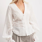 VacationGrabs Women's Fall Button Up Blouse Casual Loose Fit Stylish Embroidered Solid Color Eyelet V Neck Long Sleeve Tops