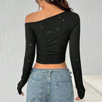 Women's Asymmetric Off-Shoulder Long Sleeve Studded Top